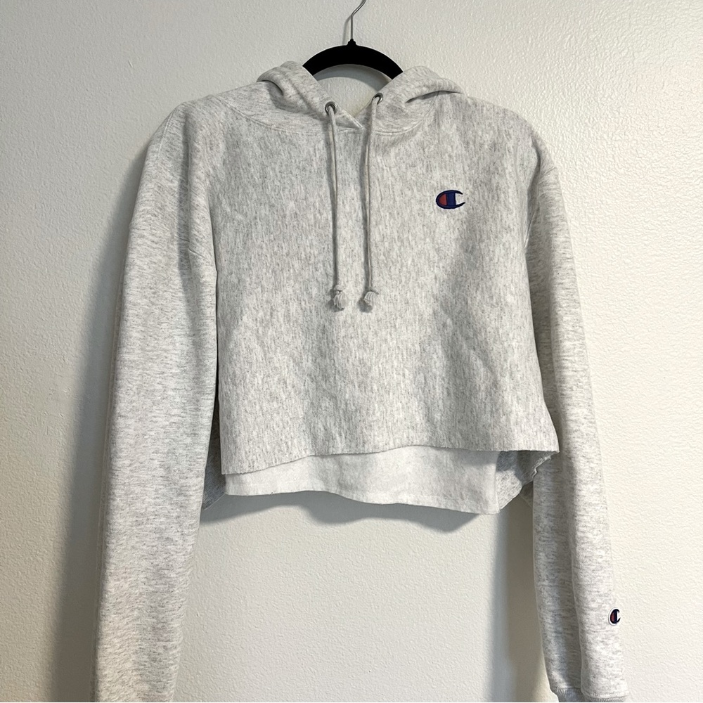 Champion Reverse Weave Cropped Cut Off Hoodie - Grey